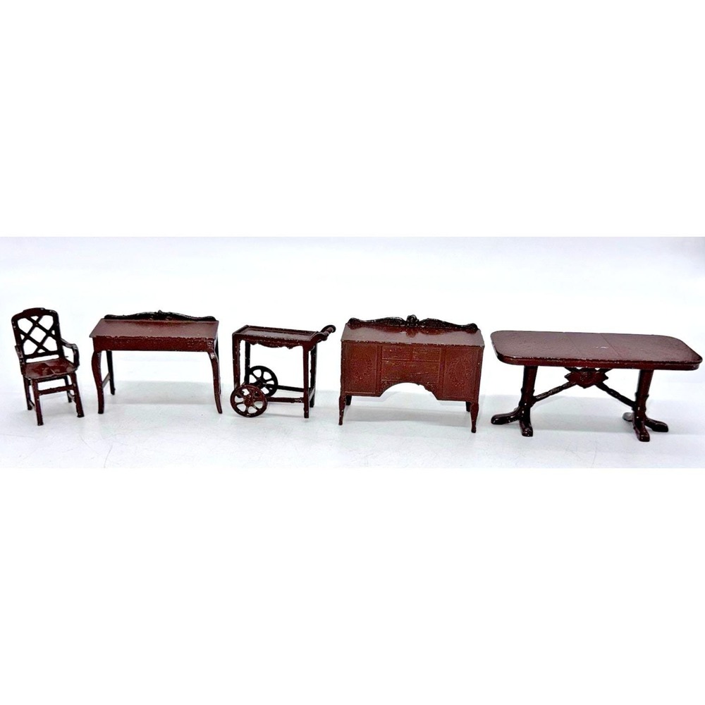 '30s Tootsietoy Lot of 5 Metal Dollhouse Furniture Brown Dining Table Tea Cart +